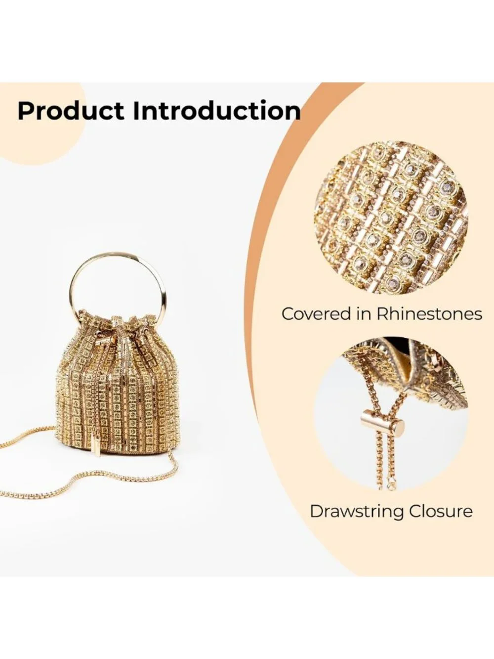Embellished Bucket Bag with Ring Handle, Multicolor Rhinestones & Gold Chain